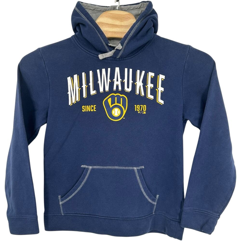 Men's Navy Blue Fanatics MLB Milwaukee Brewers Baseball Hoodie Sweatshirt Sz S